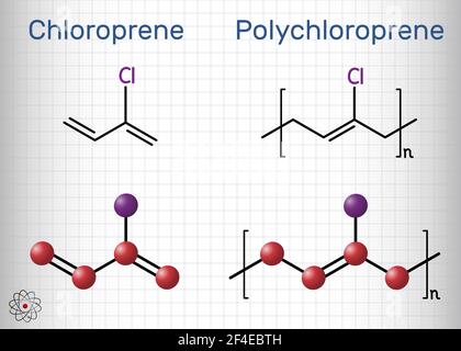 Molecola di cloroprene e policloroprene. Monomero e polimero. Neoprene, gomma sintetica ottenuta per polimerizzazione del cloroprene. Chimica strutturale Illustrazione Vettoriale