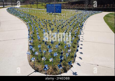 Creve Coeur, Stati Uniti. 20 Marzo 2021. Un memoriale per coloro che hanno avuto la malattia di COVID-19 è in mostra al Missouri Baptist Hospital a Creve Coeur, Missouri Sabato 20 marzo 2021. L'ospedale ha ricevuto la conferma il 19 marzo 2020, del suo primo paziente confermato con COVID-19. Un anno più tardi Missouri Baptist onora i 1,550 pazienti che si sono guariti dal virus con i pinwheels viola, mentre i 270 che sono morti dal virus COVID-19 sono onorati con i cuori bianchi. Photo by Bill Greenblatt/UPI Credit: UPI/Alamy Live News Foto Stock