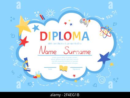 Colorato certificato di diploma di scuola e scuola prescolare per bambini e bambini in asilo o gradi primari Illustrazione Vettoriale