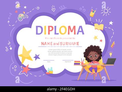 Certificato di diploma online per bambini per asilo o scuola elementare con una ragazza nera carina con capelli scuri ricci Illustrazione Vettoriale