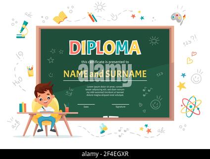 Scuola bambini Diploma certificato modello con un ragazzo carino a. la tabella che fa i compiti Illustrazione Vettoriale
