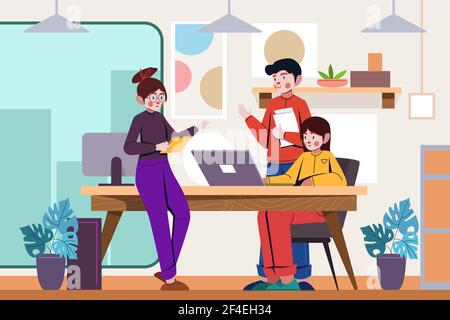 Spazio di lavoro del coworking disegnato a mano piatta illustrazione vettoriale. Illustrazione Vettoriale