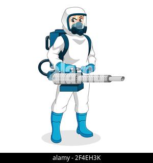 Operatore sanitario con dispositivi di protezione individuale (DPI) Holding Fogging Machine, persone al lavoro, occupazioni sanitarie, Cartoon Vector Illustration. Illustrazione Vettoriale