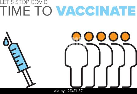 Tempo di vaccinare il layout del modello del poster flyer con l'iniezione con il vaccino e le persone per la vaccinazione. Informazioni banner volantino con sfondo bianco im Illustrazione Vettoriale