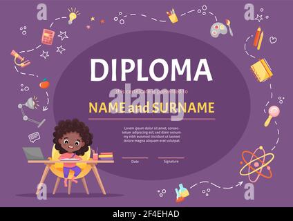 Certificato di diploma online per bambini per asilo o scuola elementare con una ragazza nera carina con capelli scuri ricci Illustrazione Vettoriale