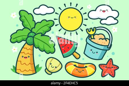 Collezione di elementi estivi disegnati a mano illustrazione vettoriale. Illustrazione Vettoriale