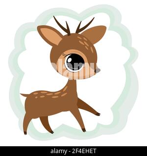 Piccolo cucciolo di un fawn con corna. Oggetto isolato su sfondo bianco. Allegro bambino animale gentile. Cartoni animati stile piatto. Divertente. Vettore Illustrazione Vettoriale