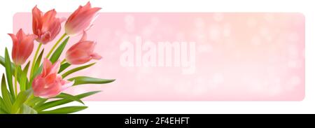 Bouquet di tulipani realistici su sfondo rosa. Composizione di papille di tulipani rosa. Modello per biglietto d'invito, banner, poster con fiori di primavera Illustrazione Vettoriale