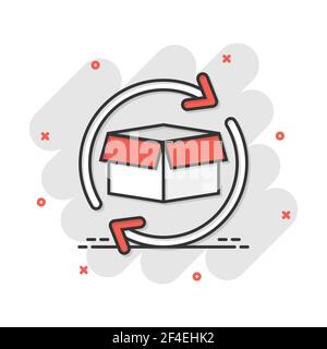 Vettore di scatola di cartone animato pacchetto icona di ritorno in stile fumetto. Scatola di mandata con la freccia concetto illustrazione pittogramma. Spedizione Cargo business effetto splash c Illustrazione Vettoriale