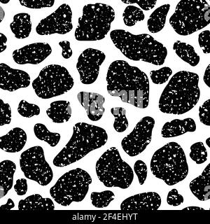 Vettore mucca nascondere pattern sfondo senza giunture. Macchie nere irregolari su sfondo bianco. Astratto pelle di mucche grunge textured design. Macchie casuali di bestiame bovino Illustrazione Vettoriale
