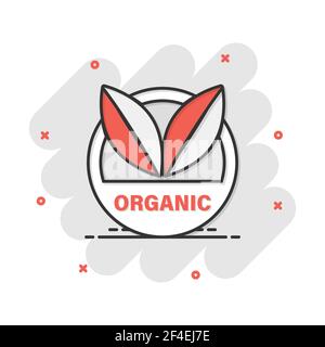 Vector cartoon Organica Vegana icona badge in stile fumetto. Eco Bio prodotto concetto timbro illustrazione pittogramma. Eco cibo naturale business effetto splash Illustrazione Vettoriale