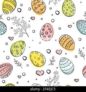 Uova di Pasqua colorato motivo senza giunture. Felice Pasqua ripetuto ornamento con elementi decorativi floreali. Sfondo delle vacanze di Pasqua per la stampa, la carta da parati o il tessuto. Doodle design. Illustrazione vettoriale Illustrazione Vettoriale