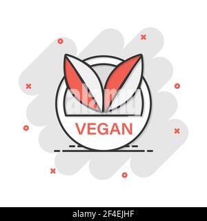 Vector cartoon vegan etichetta icona badge in stile fumetto. Timbro vegetariano concetto illustrazione pittogramma. Eco cibo naturale business effetto splash concept Illustrazione Vettoriale