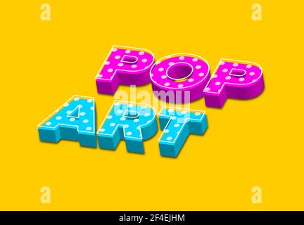 Illustrazione vettoriale del concetto di pop art con lettere di testo rosa e blu su sfondo giallo con motivo punteggiato. Stile immagine PopArt con 3d semplice Illustrazione Vettoriale