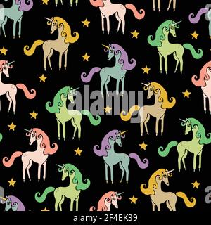 Pattern vettoriale senza giunture con unicorno e stelle su sfondo nero. Semplice disegno della carta da parati animale di fantasia dell'arcobaleno per i bambini. Illustrazione Vettoriale