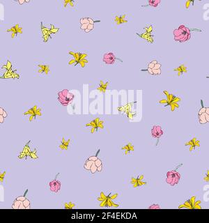 Vettore pastello viola sfondo giallo rosa floreale motivo senza cuciture. Gigli, tulipani. Sfondo con ripetizione senza giunture Illustrazione Vettoriale