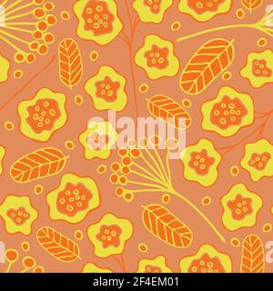 Motivo vettoriale senza cuciture con fiori gialli su sfondo rosa. Carta da parati floreale brillante. Semplice astratto estate moda tessile. Illustrazione Vettoriale
