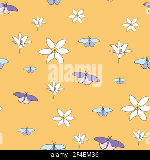 Vettore arancio sfondo bianco fiori senza cuciture motivo. Gigli, ninfee. Sfondo con ripetizione senza giunture Illustrazione Vettoriale