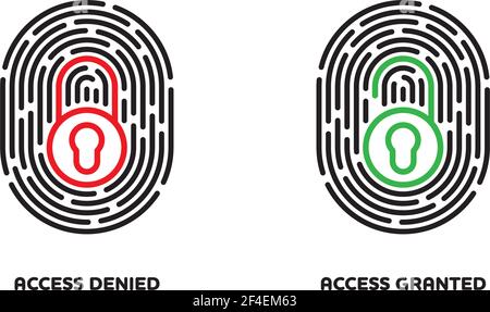 Simboli di accesso per la scansione delle impronte digitali. Icone di controllo dell'identificazione digitale, chiuse in rosso e aperte in verde. Concetto di sicurezza informatica Illustrazione Vettoriale