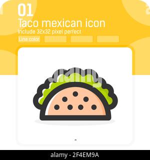 Taco icona vettoriale per il cibo messicano con stile colore della linea isolato su sfondo bianco. Illustrazione elemento trendy icona simbolo di colore lineare sottile per ui, ux Illustrazione Vettoriale