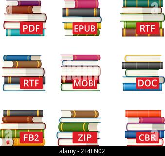 Insieme di icone di diversi formati di file e-book - testo, documento e archivio Illustrazione Vettoriale