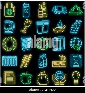 Ricicla insieme di icone. Contorno insieme di icone vettoriali ricicli colore neon su nero Illustrazione Vettoriale