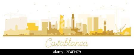 Casablanca Marocco City Skyline Silhouette con edifici dorati isolati su bianco. Illustrazione vettoriale. Concetto di viaggio d'affari e turismo. Illustrazione Vettoriale