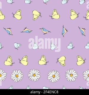 Vettore pastello viola sfondo margherita fiori, uccelli farfalla senza cuciture modello. Farfalle. Sfondo con ripetizione senza giunture Illustrazione Vettoriale