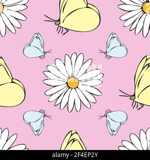 Vettore pastello rosa sfondo margherita fiori e farfalla senza cuciture motivo. Farfalle. Sfondo con ripetizione senza giunture Illustrazione Vettoriale