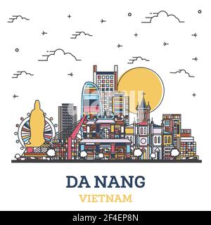 Profilo da Nang Vietnam City Skyline con colorati edifici storici isolati su bianco. Illustrazione vettoriale. Paesaggio urbano da Nang con punti di riferimento. Illustrazione Vettoriale