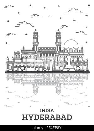 Profilo di Hyderabad, India skyline della città con edifici storici e riflessioni isolato su bianco. Illustrazione Vettoriale. Paesaggio urbano di Hyderabad. Illustrazione Vettoriale