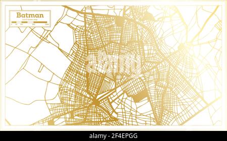 Mappa della città di Batman in stile retro in colore dorato. Mappa di contorno. Illustrazione vettoriale. Illustrazione Vettoriale