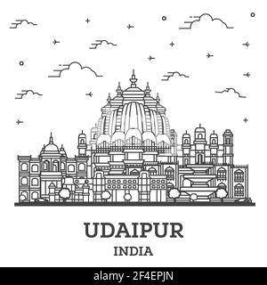 Delineare Udaipur India skyline della città con edifici storici isolati su bianco. Illustrazione Vettoriale. Udaipur Cityscape con punti di riferimento. Illustrazione Vettoriale