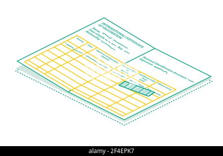 Certificato internazionale di vaccinazione isolato su bianco - Coronavirus Covid-19. Concetto di contorno isometrico. Illustrazione vettoriale. Illustrazione Vettoriale