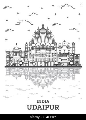 Delineare Udaipur India skyline della città con edifici storici e riflessioni isolato su bianco. Illustrazione Vettoriale. Udaipur Cityscape con punti di riferimento. Illustrazione Vettoriale