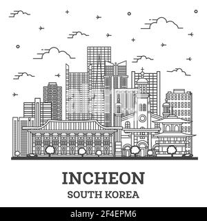 Contorno dello skyline di Incheon Corea del Sud con edifici moderni isolati su White. Illustrazione vettoriale. Incheon paesaggio urbano con punti di riferimento. Illustrazione Vettoriale