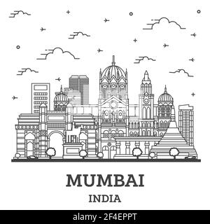 Profilo Mumbai India City Skyline Con Edifici Storici Isolati Su Bianco. Illustrazione Vettoriale. Città Bombay Con Punti Di Riferimento. Illustrazione Vettoriale