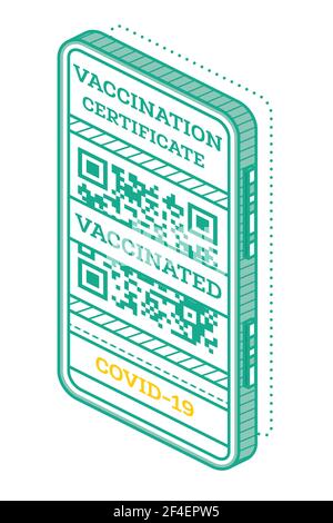 Certificato di vaccinazione sullo schermo dello smartphone con codice QR. Certificato internazionale isometrico di immunizzazione. Illustrazione vettoriale. Illustrazione Vettoriale