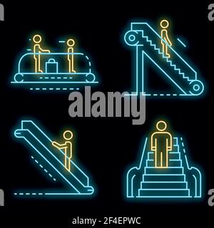 Icona scala mobile impostata. Contorno insieme di icone vettoriali scala mobile colore neon su nero Illustrazione Vettoriale