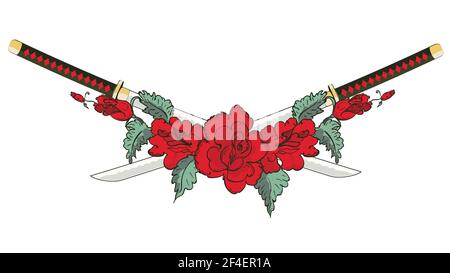 Spada giapponese katana e fiori di rosa rossa con illustrazione foglie. Illustrazione Vettoriale