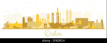 Dakar Senegal City Skyline Silhouette con edifici dorati isolati su bianco. Illustrazione vettoriale. Concetto di viaggio d'affari e turismo. Illustrazione Vettoriale