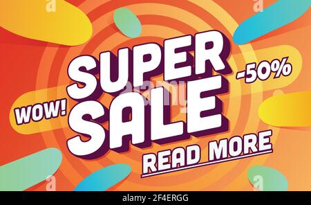 Modello Super sale. Sconti e sconti. Fino a 50 unità di illustrazione vettoriale. Design dei modelli promozionali per stampa o Web, supporti, poster. Illustrazione Vettoriale