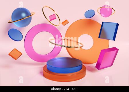 illustrazione 3d di uno scenewith cosmico decorazioni geometriche in forma di pianeti con anelli, cerchi e altre figure su sfondo rosa. Minim Foto Stock