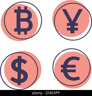 bitcoin, euro, dollaro e yuan su sfondo bianco. Valuta digitale. Criptovaluta. Illustrazione vettoriale delle icone fredde Illustrazione Vettoriale