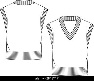 Modello di schizzo piatto di moda con maglia a V-Neck Sweater Vest ragazza. Illustrazione tecnica della moda. Cintura a costoletta larga Illustrazione Vettoriale