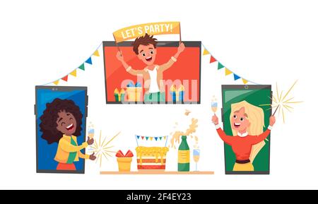 Party online con amici o colleghi di persone diverse felici durante l'autoisolamento in Covid-2019 quarantena. Illustrazione Vettoriale
