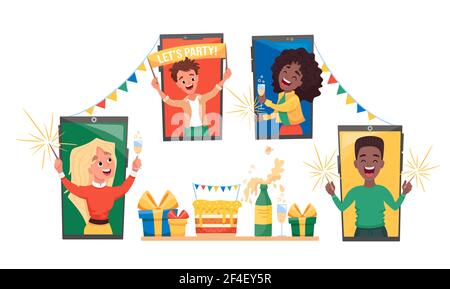 Party online con amici o colleghi di persone diverse felici durante l'autoisolamento in Covid-2019 quarantena. Illustrazione Vettoriale