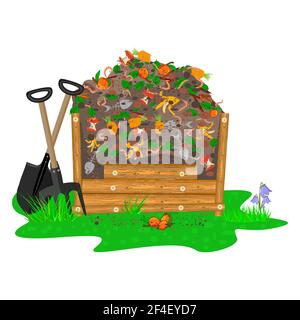 Scatola di composto con materiale organico e vermi isolati su sfondo bianco. Concetto di riciclaggio, zero rifiuti e compostaggio. Illustrazione vettoriale stock Illustrazione Vettoriale