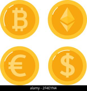 Monete d'oro con moneta di bit, etereo, euro e simbolo del dollaro su sfondo bianco. Valuta digitale. Criptovaluta. Illustrazione vettoriale Illustrazione Vettoriale