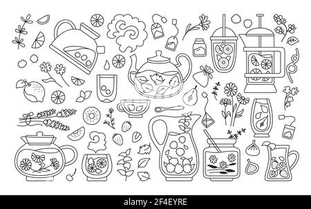 Tazza di tè e cocktail con set Black Line. Concetto di festa in spiaggia, estate disegnata a mano per poster, menu. Tea time tazza teapot erbe, frutta, ingredienti per le bevande. Disegno piatto illustrazione vettoriale alla moda Illustrazione Vettoriale